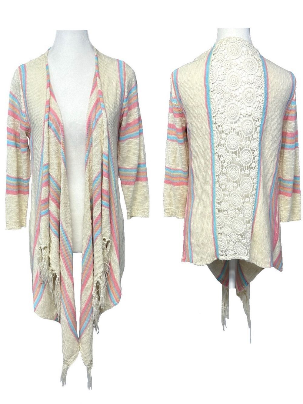 Maurices Size Large Colorful Striped Fringed Crochet Open Cardigan Boho Beach